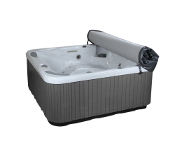 can be rolled up to sit on the end of the spa or use a cover shelf to support it off the spa